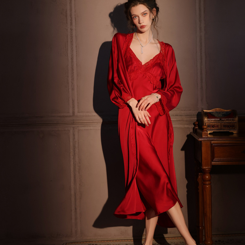 Ice and Snow Silk Sexy Pajamas Women's Long Nightgown Two-Piece Suit Spring and Summer Thin Pure Desire Suspenders European and American Home Clothes Ice and Snow Silk Sexy Pajamas Women's Long Nightgown Two-Piece Suit Spring and Summer Thin Pure Desire Suspenders European and American Home Clothes