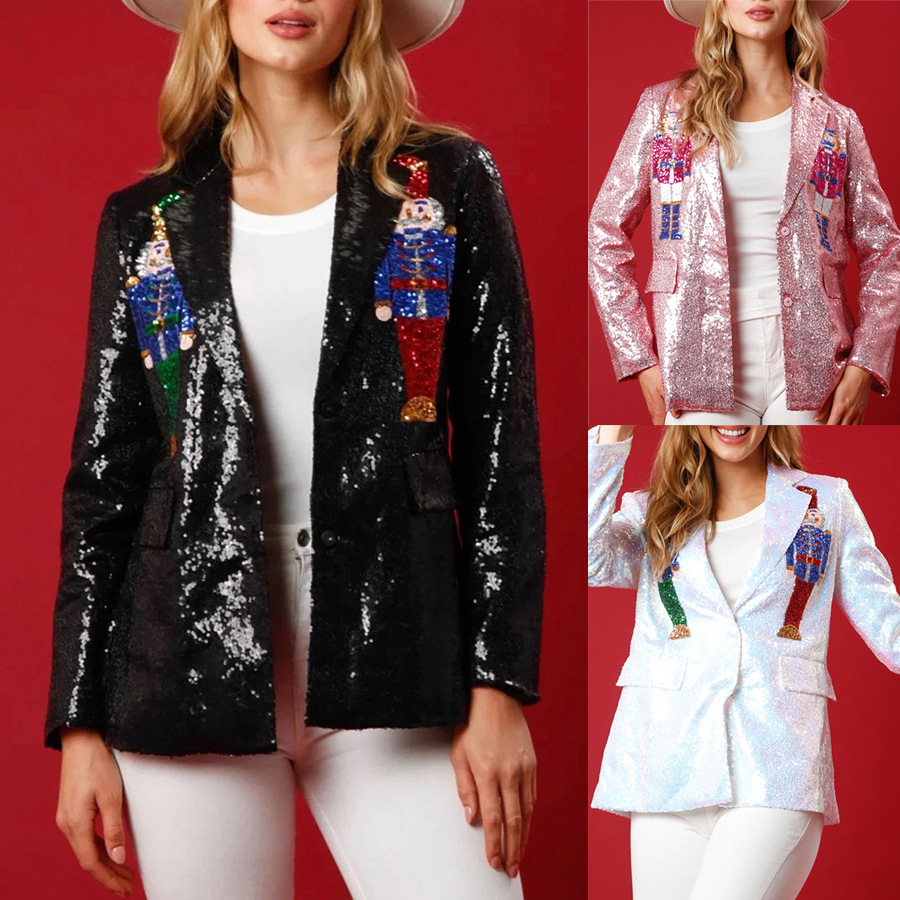 350g Weight Blazer Outerwear Type Women's Coat Long Sleeve Blazers Button Christmas Cartoon