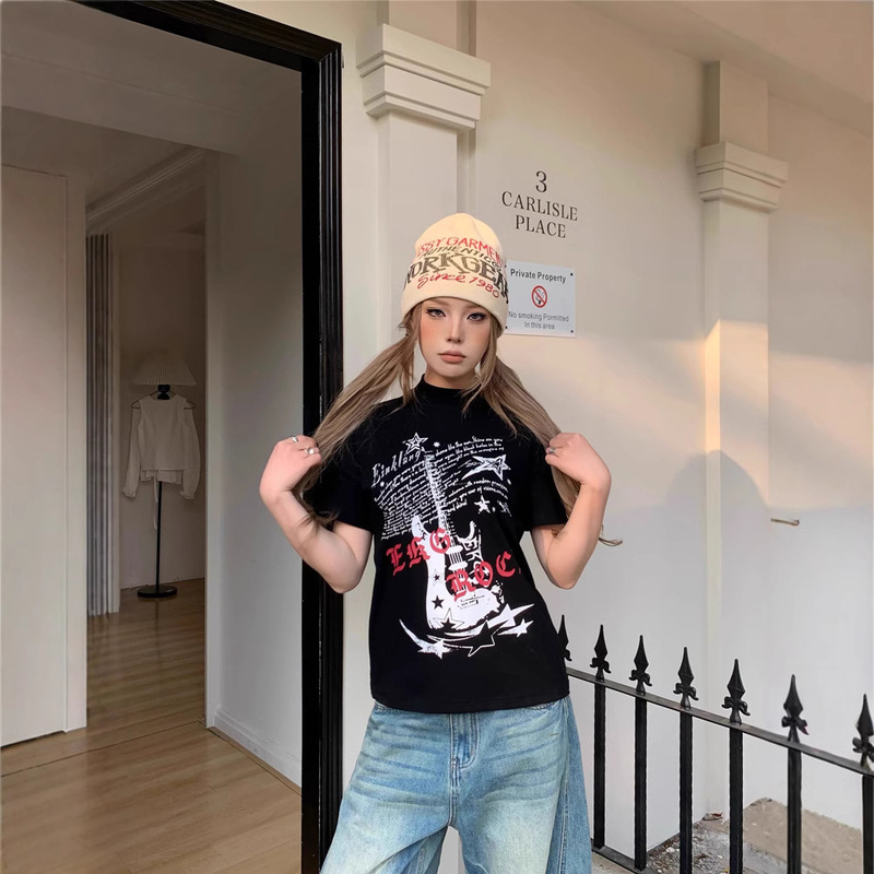 Shoulder Cotton T-shirt 2025 Summer New American Style Retro Guitar Letter Print Slim-fit Slim-fit Spice Girl Top Shoulder Cotton T-shirt 2025 Summer New American Style Retro Guitar Letter Print Slim-fit Slim-fit Spice Girl Top