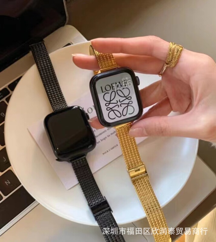 For Watch series7 Apple Watch Band iwatch3456 Generation Fashion Fine Wheat Pattern Metal Strap