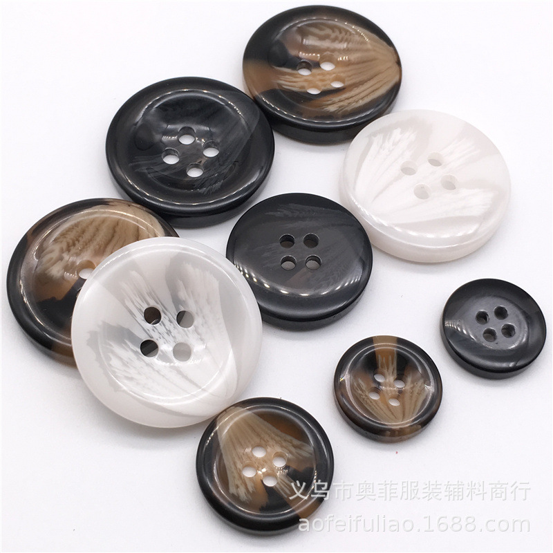 现货批发高档拌花碗形树脂纽扣 西装西服圆形花纹四眼大衣纽扣