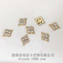 铜镀14K真金镀金百搭镶石四叶花连接片diy项链吊坠锁骨链饰品配件