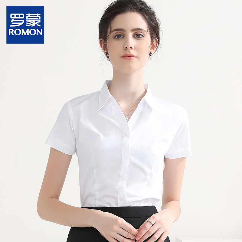 Romon Women's White Short-Sleeved Shirt Summer Modal Professional Formal V Neck Work Clothes No-Iron Blue Shirt Romon Women's White Short-Sleeved Shirt Summer Modal Professional Formal V Neck Work Clothes No-Iron Blue Shirt