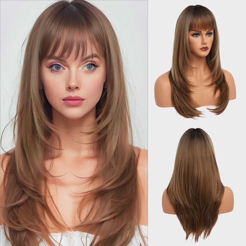 ヨーロッパとアメリカのクロスボーダーゴールデンロングヘアウィッグ女性のための前髪ストレートヘアレイヤードウィッグフルヘアスタイル化学繊維スポット卸売|undefined