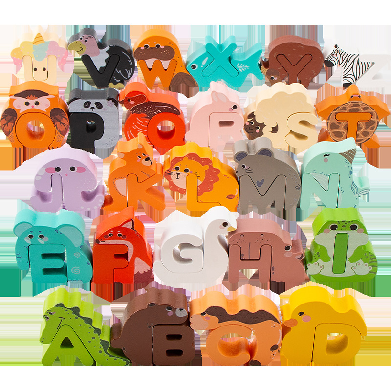 Animal de dibujos animados transfronterizos para niños creativo 26 letras inglesas palabras cognitivas educación temprana rompecabezas juguetes de madera