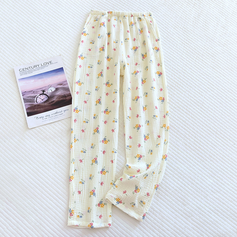 Spring And Summer New Trousers Women's Cute Flowers Thin Section 100%Cotton Crepe Casual Pants Loose Home Pants Women Bottoms