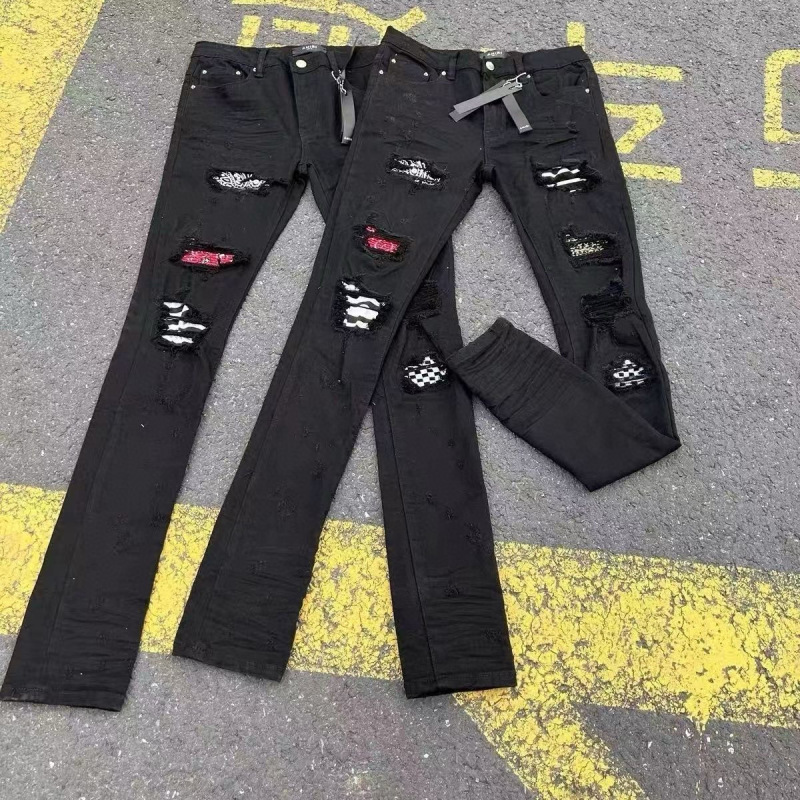 AM 外国貿易スリムフィットストレッチ四季ステッチコットン弾性刺繍レザーラベルリッピングプリントファッションメンズジーンズコレクション|undefined