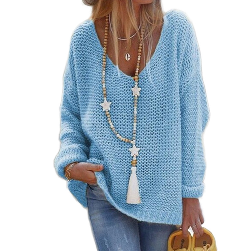 Damen-Strickpullover, V-Ausschnitt, langärmelig, Strickoberteil, Pullover_voghion.com