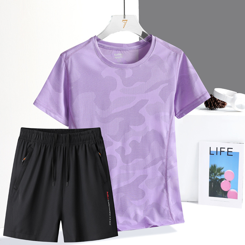 Free Shipping Free Shipping 8001 Women's Short Set - Ice Silk Suit Ladies Summer New Thin Running Sports T-Shirt Casual