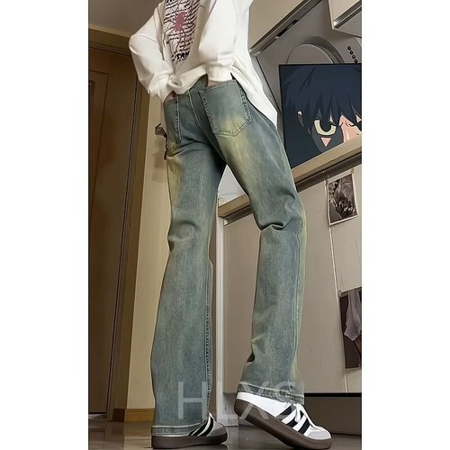 Casual American-style high-street basic washed, vintage-look, uniquely dyed in yellowish-brown Vibe-style mid-rise straight-leg denim pants