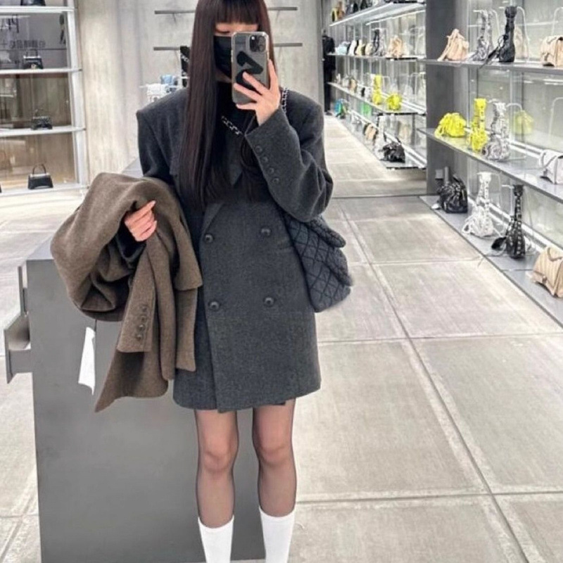 Gray Suit Woolen Coat for Women Autumn and Winter New Style Woolen Coat for Small People Korean Style