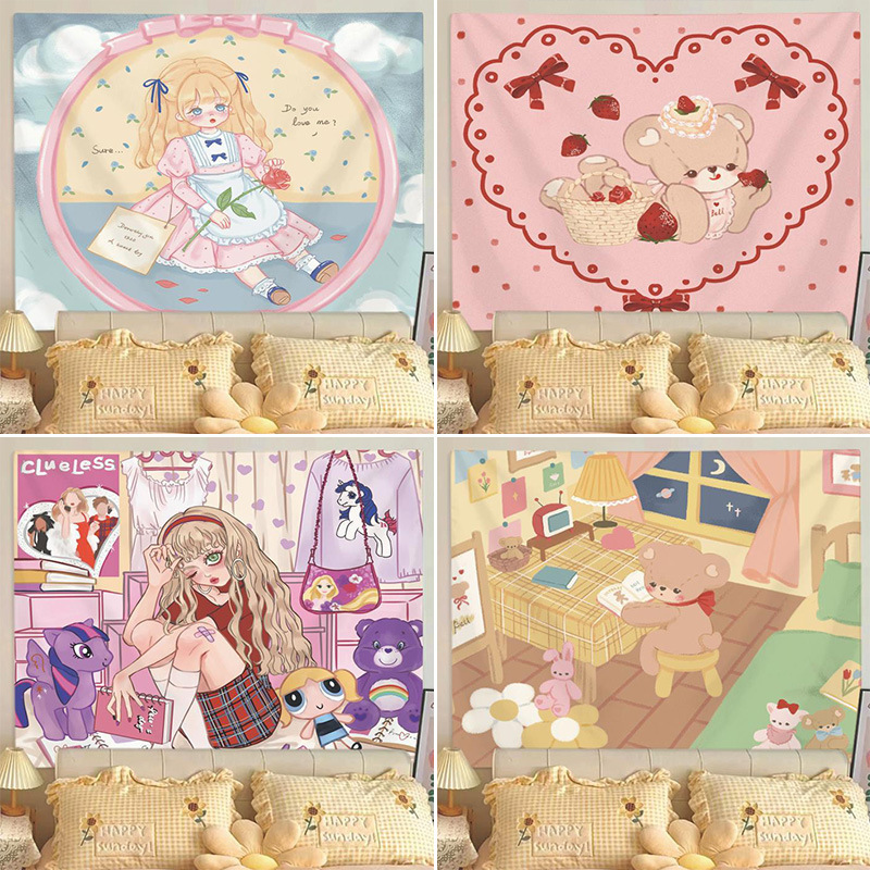 Cute Pink Tapestry Room Decoration Background Cloth Dormitory Makeover Wall Cloth Cartoon Hanging Tapestry Bedside Hanging Painting Cute Pink Tapestry Room Decoration Background Cloth Dormitory Makeover Wall Cloth Cartoon Hanging Tapestry Bedside Hanging Painting