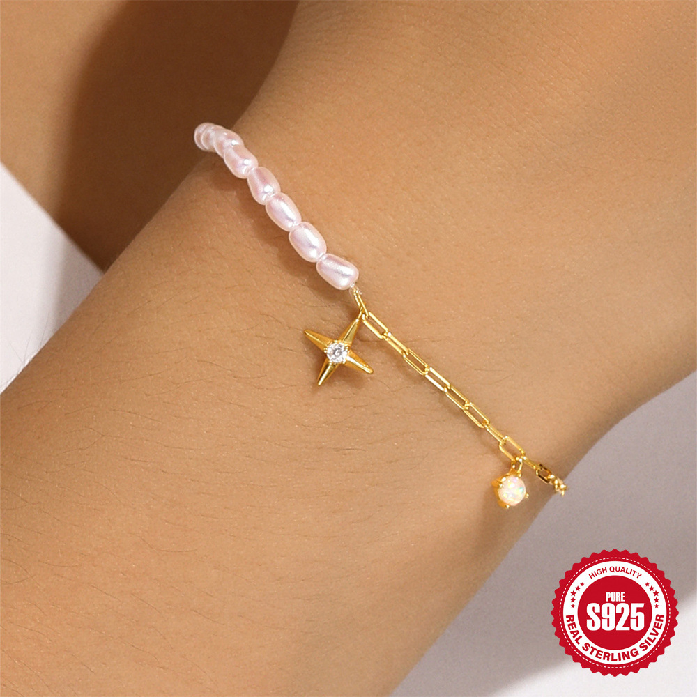 Ins estilo simple moda lujo ligero transfronterizo s925 plata de ley exquisita Opal star ab cadena de perlas pulsera apilada