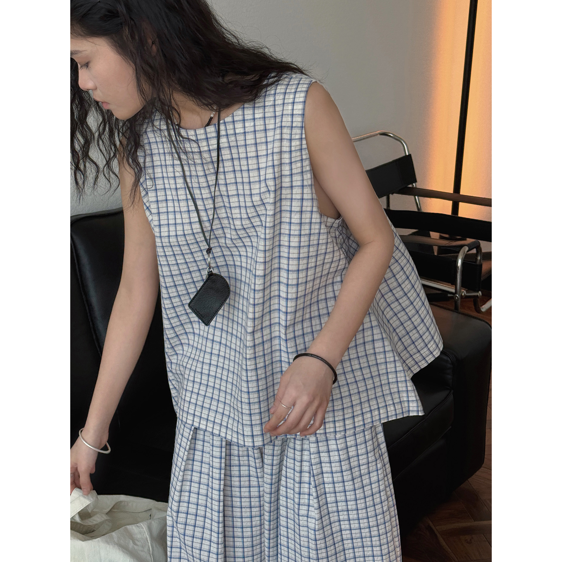 Louvu Summer New Korean Style Simple INS Bright Silk Plaid A- line Vest Lightweight Comfortable Profile Top for Women