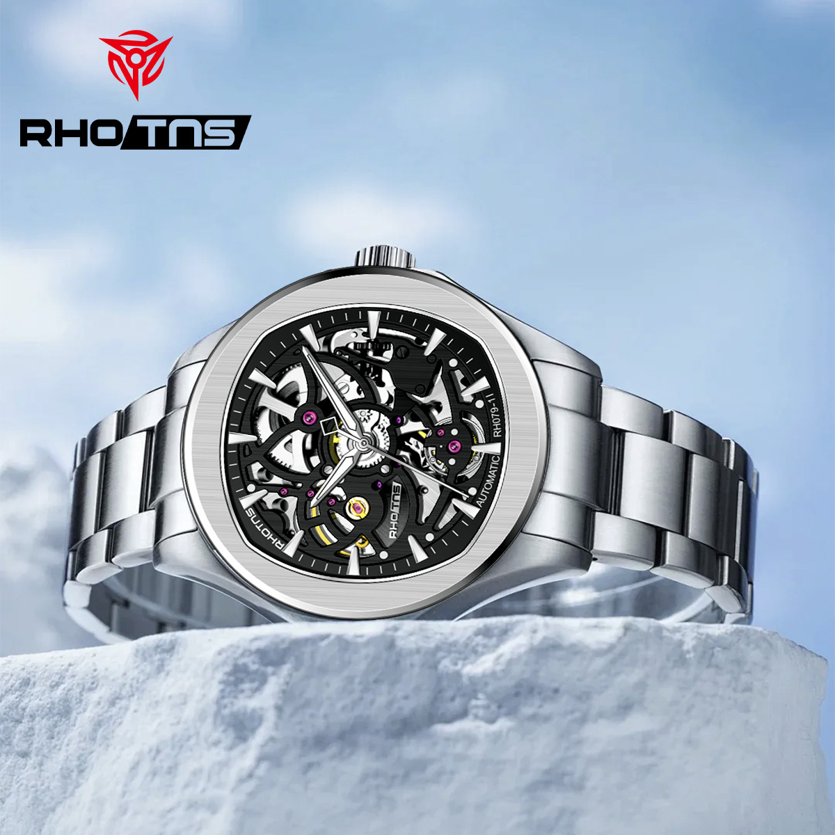 Rhotns New Men's Watch Pure Mechanical Watch Genuine Cut Out Luminous Student Business Fully Automatic Mechanical Watch Men