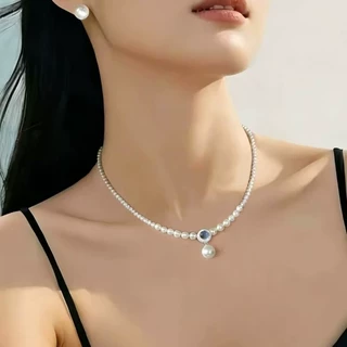 银贝S925纯银天然珍珠项链海蓝宝送女友礼物淡水珍珠锁骨链颈链