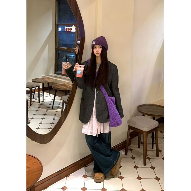 Korean Style Gray Blazer Top with Pink Suspender Skirt Women's Retro Jeans Suit