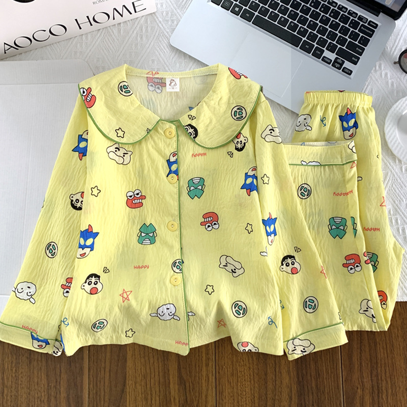 2025新款儿童睡衣春秋季女童娃娃领长袖黄色格kt猫女孩公主家居服|undefined