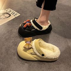 2025年秋冬用厚底、取り外し可能で洗える、室内用滑り止め、保温性のある裏起毛コットンスリッパ、トレンドのリボン付き包頭スリッパ（女性用）
