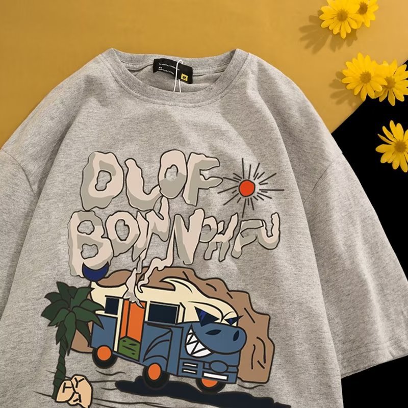 American retro ins marca de moda de dibujos animados de manga corta Camiseta de los niños de verano suelta hip hop High Street pareja desgaste camiseta de media manga