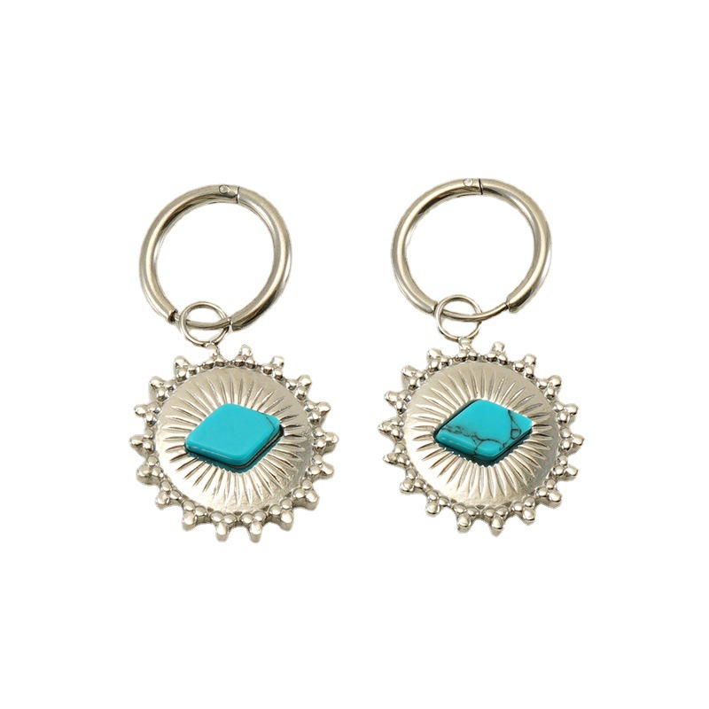 Pendientes de girasol de acero inoxidable estilo étnico transfronterizo azul turquesa Polka Dot retro pendientes bohemios de estilo nacional para las mujeres