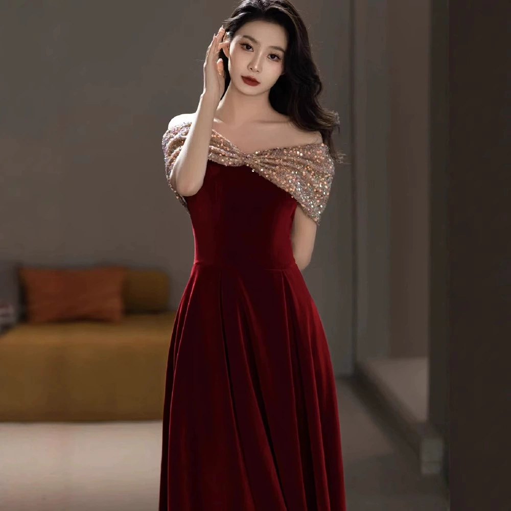 Свадебное платье для невесты, бордовое вечернее платье от кутюр с открытыми плечами для весны и осени, женское французское платье для помолвки и выпускного вечера