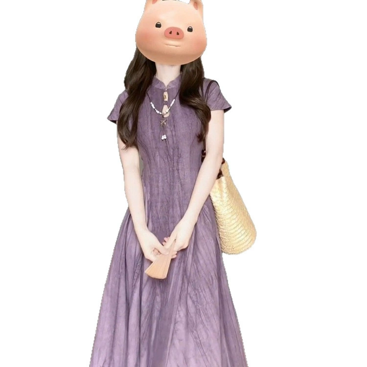 Wutong and the Moon｜Nanhu Xiangwan｜Новый китайский стиль тай-дай hollow waist cheongsam платье дымно-фиолетовый