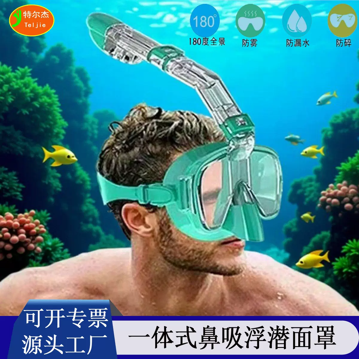 一体式鼻吸浮潜面罩 180°全景防雾防漏水防碎 成人浮潜装备潜水