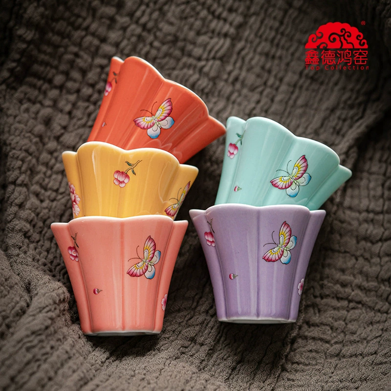 德鸿窑 Dielianhua flower mouth cup macaron glaze ceramic tea cup master cup female tea set tea cup drinking tea