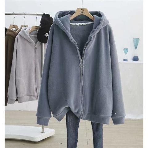 Plus size 1.0-150kg women's hooded sweatshirt for autumn and winter, loose fit, fleece-lined, thick, casual style, zip-up jacket, trendy on Instagram