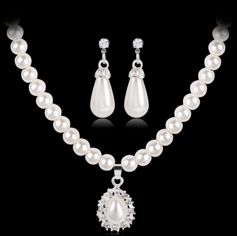 wish European and American New Pearl Earrings Necklace Two-piece Set Water Drops Diamond Bride Set Fashion Trendy Jewelry Women wish European and American New Pearl Earrings Necklace Two-piece Set Water Drops Diamond Bride Set Fashion Trendy Jewelry Women