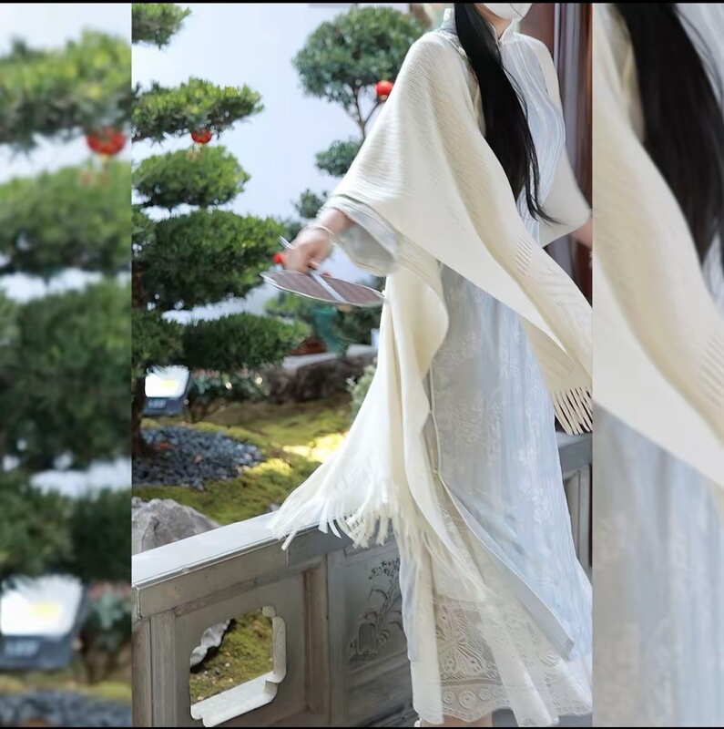 優しいチャイナドレス風ショールカーディガン、中華民国風のマント、爽やかで芸術的な無地、多用途なフリンジ付きニット透かし編み|undefined