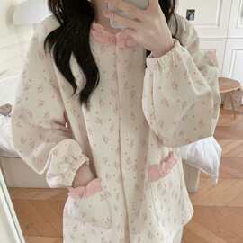韩国ins女士睡衣加厚夹丝棉家居服小碎花花边长袖圆领套装女长袖