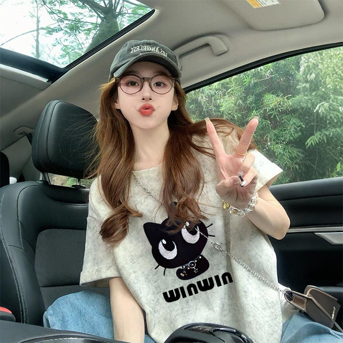 Chinese Style Personalized Tie-Dye Design Short-Sleeved T-Shirt for Women, Sweet and Cool Style Cartoon Print, Foreign Style Loose Belly-Covering Top Chinese Style Personalized Tie-Dye Design Short-Sleeved T-Shirt for Women, Sweet and Cool Style Cartoon Print, Foreign Style Loose Belly-Covering Top