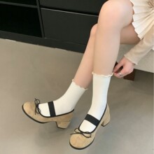 英伦学院风中跟2024秋冬新款方头浅口单鞋粗跟蝴蝶结松紧玛丽珍鞋