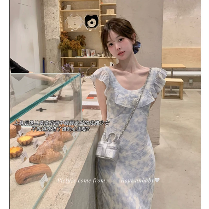 Летнее платье Monet's Garden с эффектом размазывания, романтичное, новый стиль 2025, французская длинная юбка с цветочным принтом на талии и подтяжками