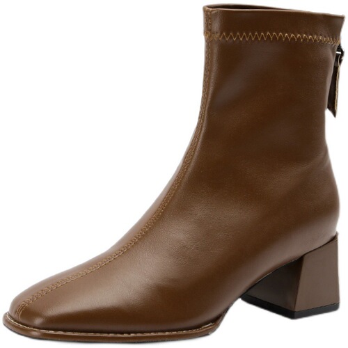 Brown thick heel French short boots for women  slimming new square toe off-white ankle and bare boots with medium and high heels