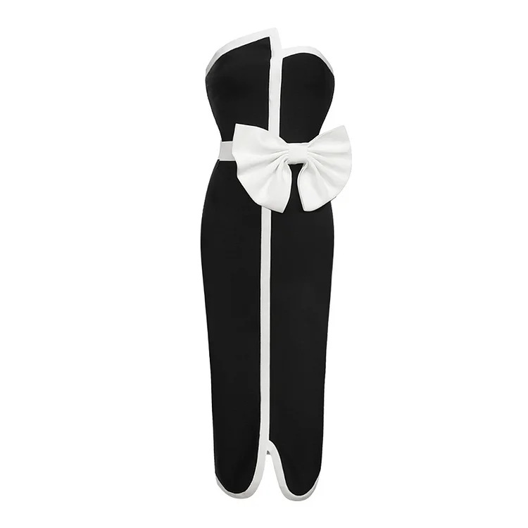GraceChic Black White Color Block Bowknot Strapless High-End One-Piece Swimsuit Set For Women 2024 European And American Swimwear_voghion.com