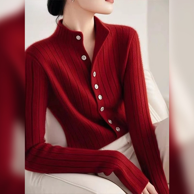 Celebrity-Inspired Cherry Red Sweater Knit Cardigan for Women, New 2025 Spring Chic Korean Style Top