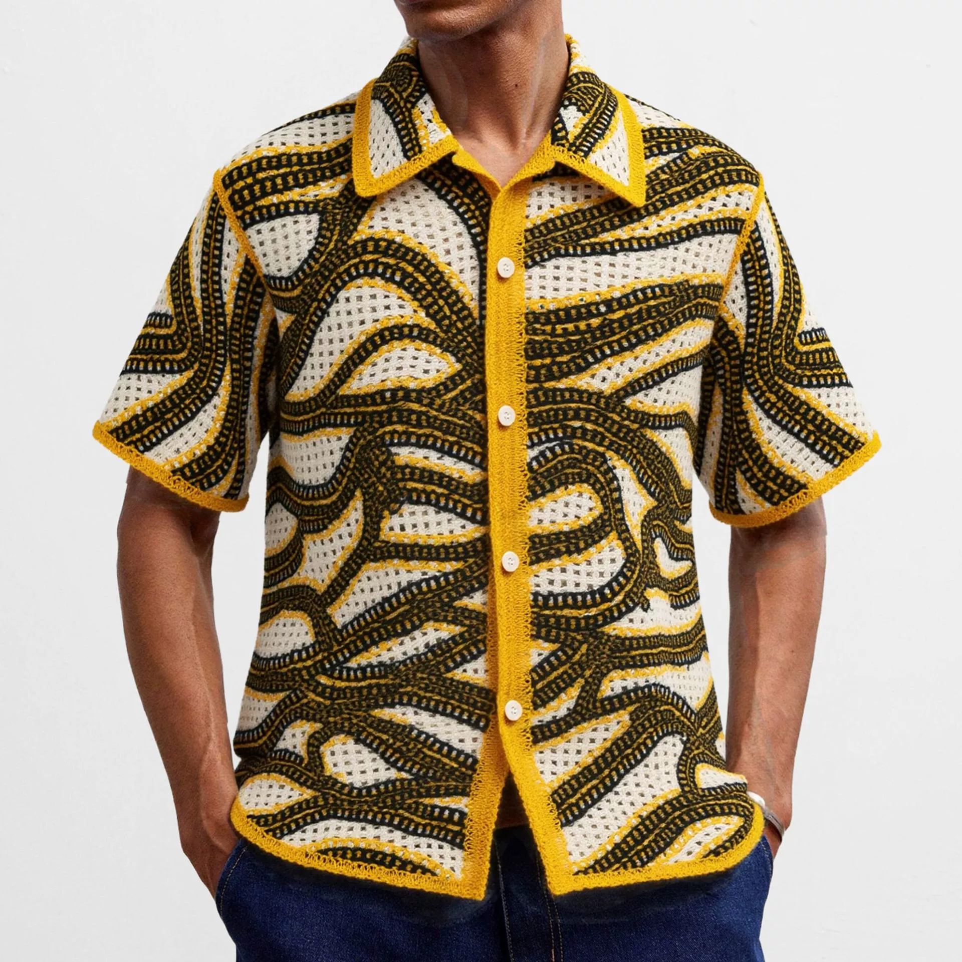 Внешняя торговля, трансграничная мужская одежда, американский текстурный полосатый трикотаж, ретро, ​​вязаный вручную кардиган с короткими рукавами, рубашка-поло SY0147