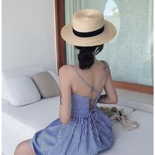 夏季女装新款韩版小性感交叉露背吊带V领A字裙气质高腰条纹连衣裙