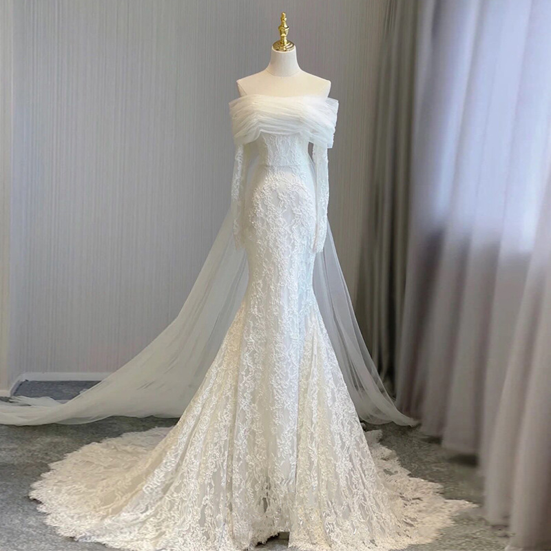 European and American Export Fishtail Lace Light Wedding Dress Bride Simple One-Shoulder Wedding Welcome Outing Gauze French Light Dress