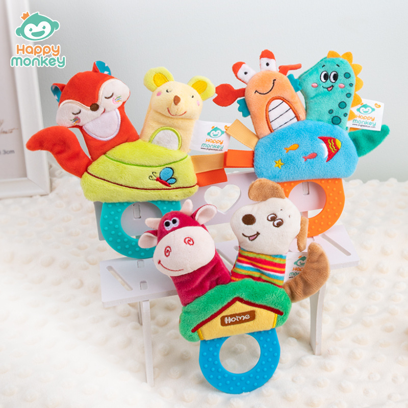 Happy monkey baby animal con goma de goma campana juguetes para bebés agarrar y morder campana de educación temprana para bebés