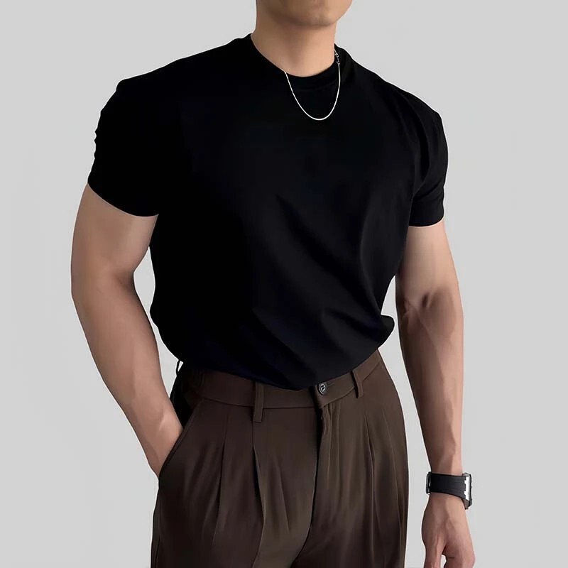 2026 Summer New Korean Style Regular Shoulder Short-Sleeve T-Shirt Men's Trendy Round Neck Slim Fit Versatile European Style T-Shirt
