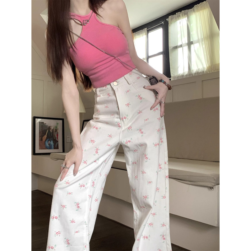 White Floral Suit Pants Wide-Leg Jeans for Women 2025 Spring New High-Waist Slim Style Straight Pants