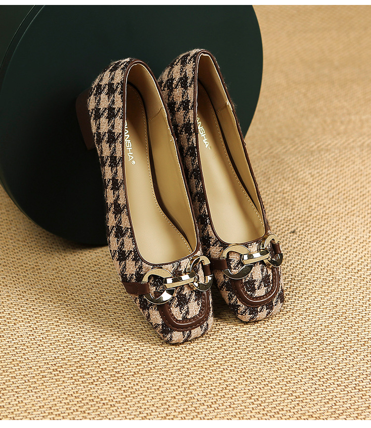 Houndstooth Square Toe Casual Single Shoes Women Summer New Metal Chain Low Heel Shallow Mouth S Soft Bottom Slip On_voghion.com
