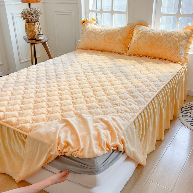 2024 nueva ropa de cama acolchada de lana de conejo estilo falda de cama