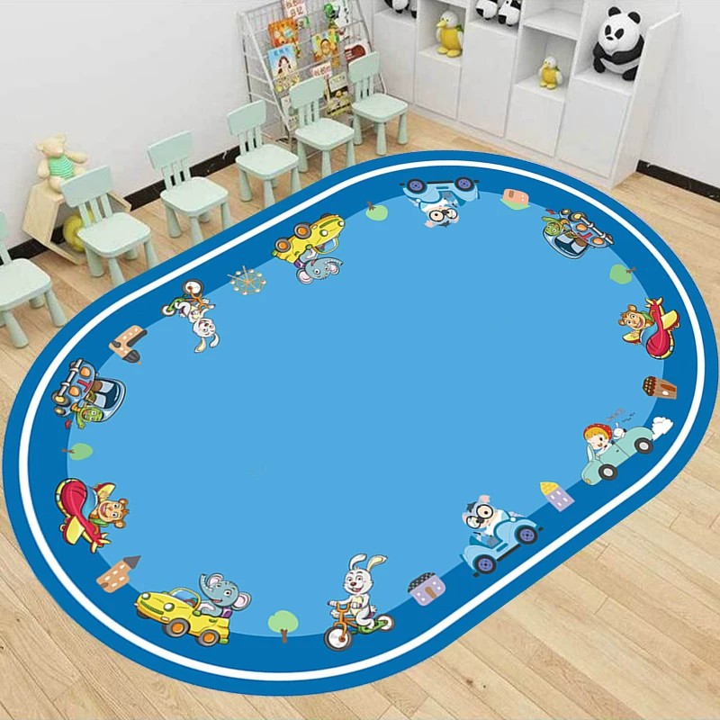 New Oval-Shaped Cartoon Crystal Velvet Carpet, Children's Room Reading Area Foot Mat, Kindergarten Game Mat
