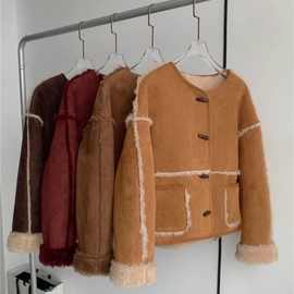羊剪绒圆领短款机车外套羊晶绒复合皮毛一体羊羔毛外穿皮草气质女