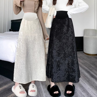 Pregnant women's sequined jacquard gold velvet skirt spring and autumn to ankle A- line dress gentle wind large swing umbrella skirt